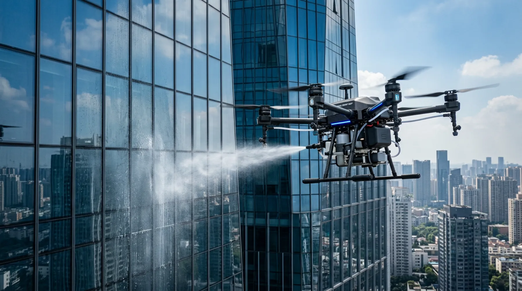 Gökdelenin cam cephesini temizleyen endüstriyel drone