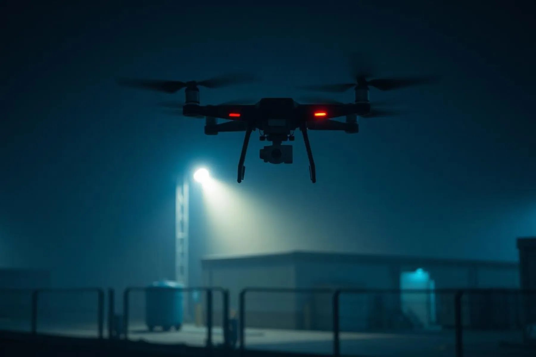 Gece endüstriyel tesis çevresinde devriye uçuşu yapan güvenlik dronu